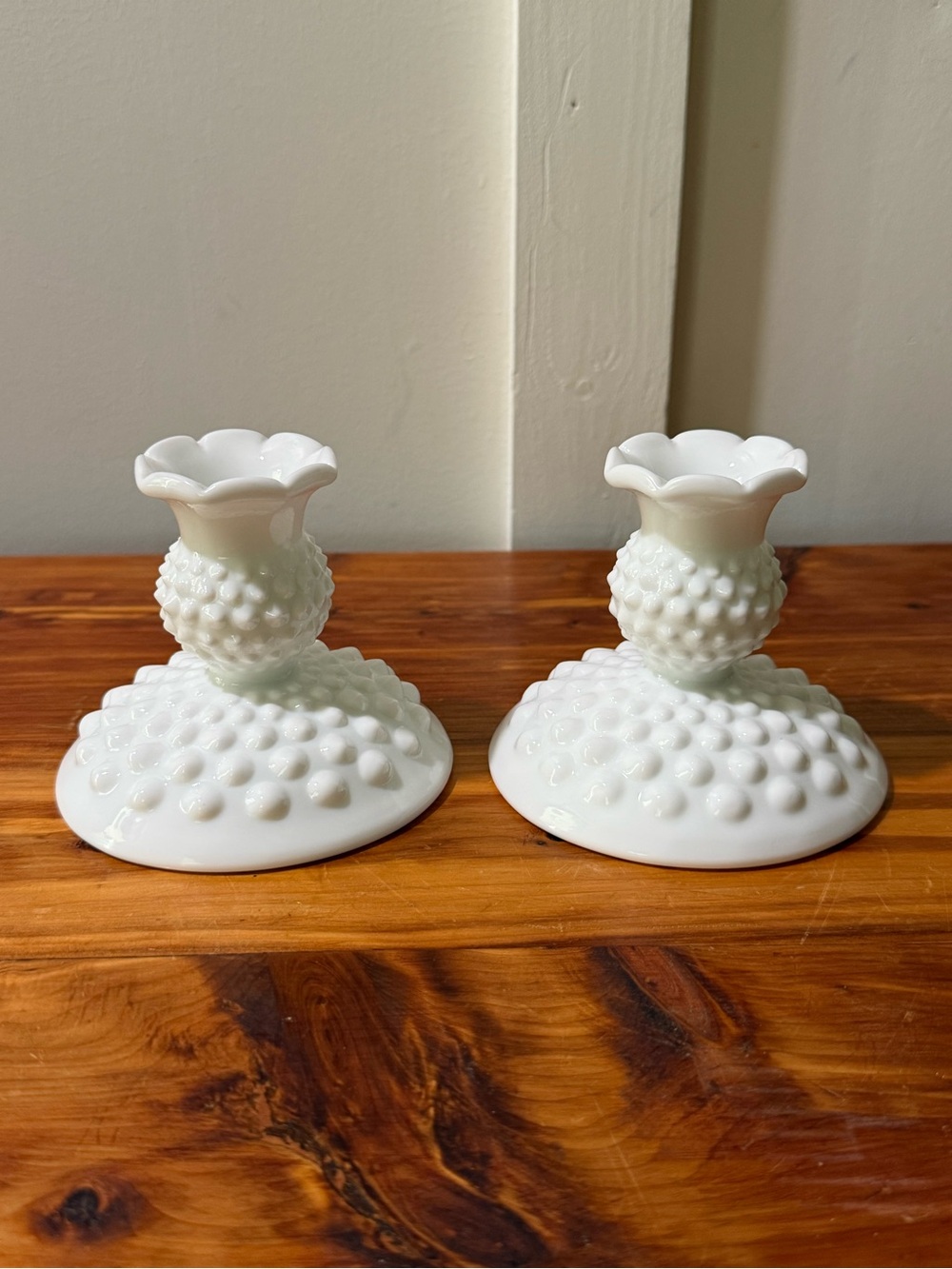Vintage Milk Glass Hobnail Ruffled Edge Candle Holder Taper Pair